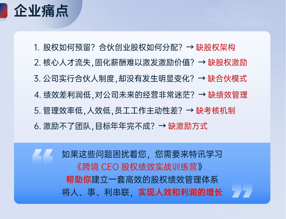 提升· 赋能：特讯集团线下课程《跨境CEO股权绩效实战训练营》重磅来袭！